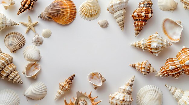 showcasing numerous seashells arranged on a pristine white surface against background