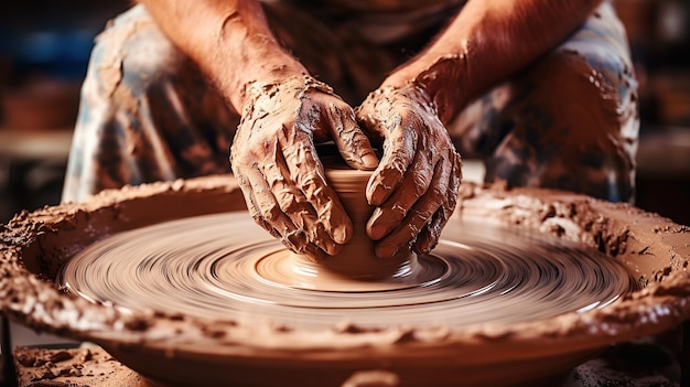 スピンモーションと陶芸家の熟練した手を展示する 生成人工知能