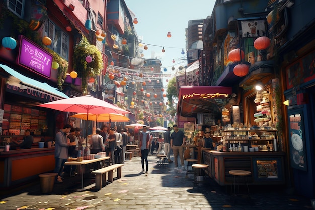 showcasing vibrant street life with bustling markets colorful street art Generated with AI