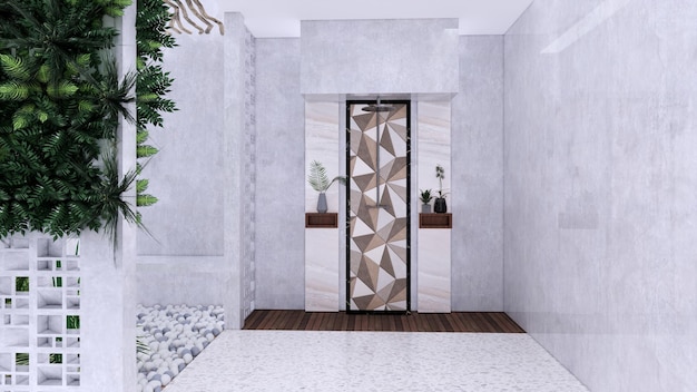 shower in the bathroom interior with a ceramic pattern wall background