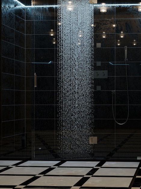 Shower cabin in a black interior. Bathroom.