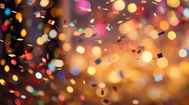 A shower of colorful confetti with sparkling bokeh lights in the background