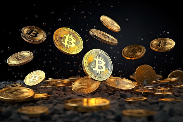 Shower of Golden Bitcoin Rain of Coins on a Dark Background