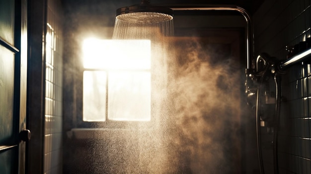 A shower head is in the dark with a light coming from it.