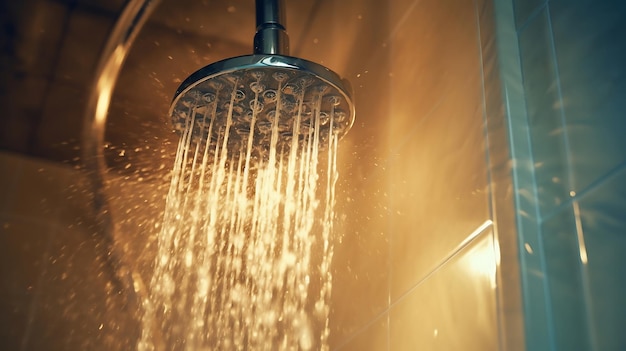 Foto testa di doccia con acqua che scorre tetta di doccia da vicino