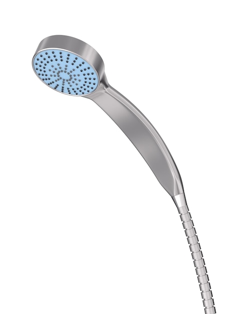 Shower head with metal hose and nozzle for water on white background Isolated 3d illustration