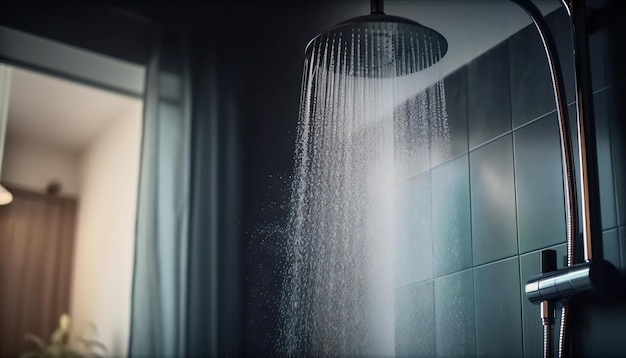 배경에 창문이 있는 흐르는 물과 증기가 있는 샤워