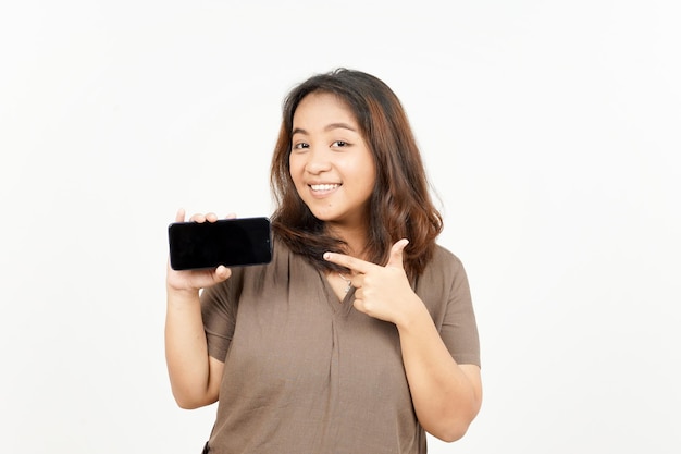 Showing Apps or Ads On Blank Screen Smartphone of Beautiful Asian Woman Isolated On White Background