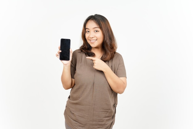 Showing Apps or Ads On Blank Screen Smartphone of Beautiful Asian Woman Isolated On White Background