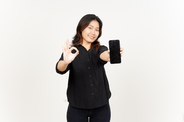 Showing Apps or Ads On Blank Screen Smartphone of Beautiful Asian Woman Isolated On White Background