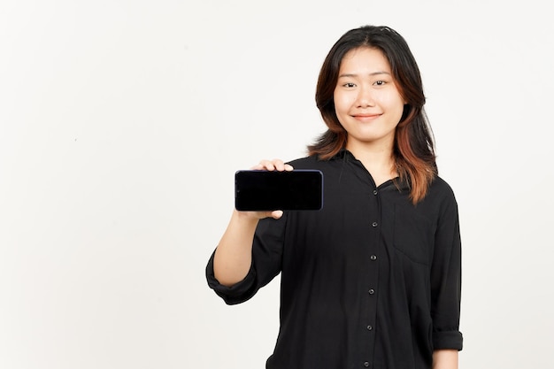 Showing Apps or Ads On Blank Screen Smartphone of Beautiful Asian Woman Isolated On White Background