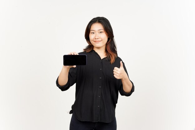 Showing Apps or Ads On Blank Screen Smartphone of Beautiful Asian Woman Isolated On White Background