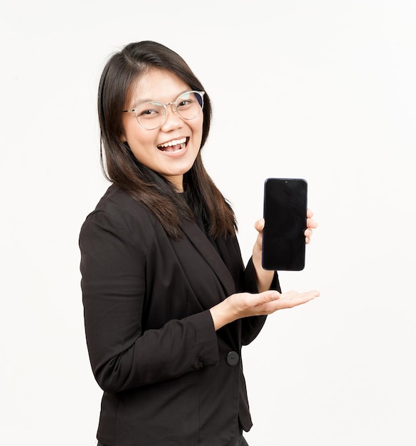 Showing Apps or Ads On Blank Screen Smartphone Of Beautiful Asian Woman Wearing Black Blazer