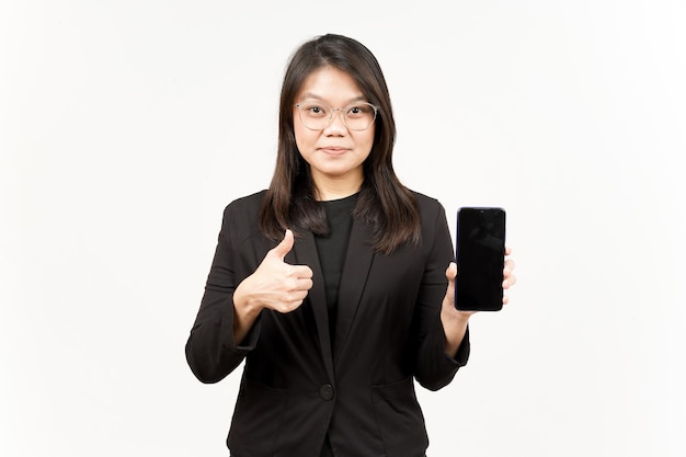 Showing Apps or Ads On Blank Screen Smartphone Of Beautiful Asian Woman Wearing Black Blazer