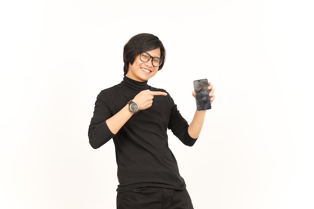 Showing Apps or Ads On Blank Screen Smartphone Of Handsome Asian Man Isolated On White Background