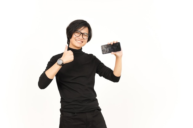 showing apps or ads on blank screen smartphone of handsome asian man isolated on white background