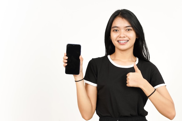 Showing Apps or Ads On Blank Screen Smartphone with thumbs up Of Beautiful Asian Woman Isolated