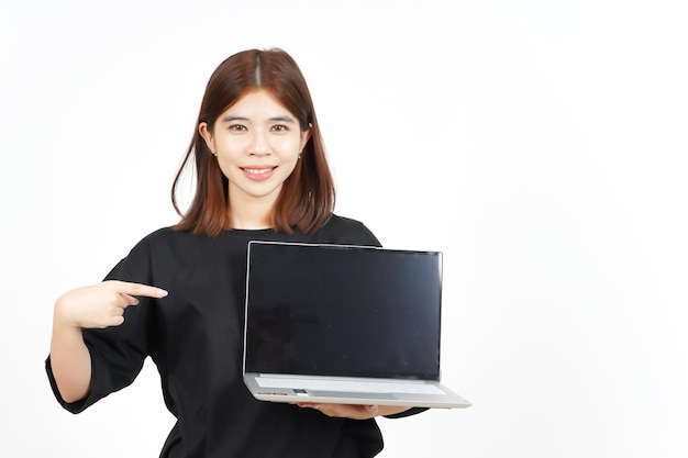 Showing Apps or Ads On Laptop Blank Screen Of Beautiful Asian Woman Isolated On White Background