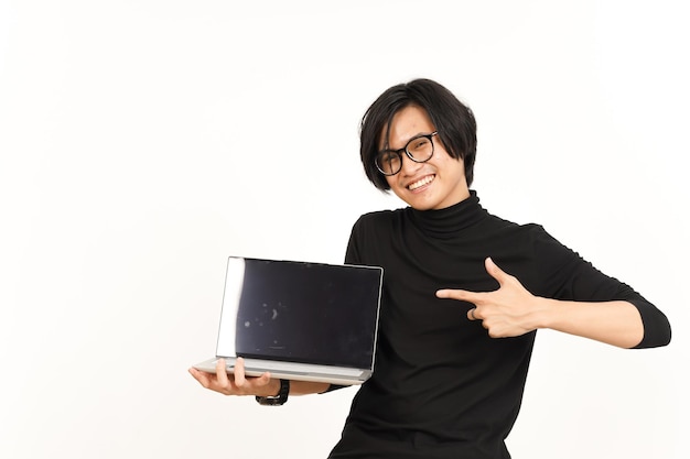 Showing Apps or Ads On Laptop Blank Screen Of Handsome Asian Man Isolated On White Background