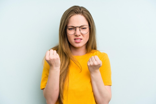 Showing fist to camera aggressive facial expression