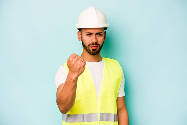 Showing fist to camera aggressive facial expression