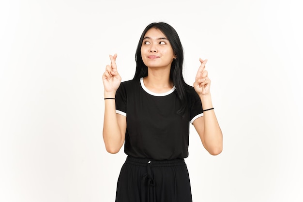 Showing Lucky Finger wishes for good luck Of Beautiful Asian Woman Isolated On White Background