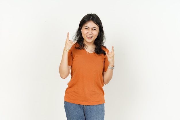 Showing Metal hand of beautiful asian woman Wearing orange Tshirt isolated on white background