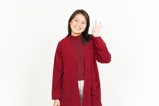 Showing Ok Sign Of Beautiful Asian Woman Wearing Red Shirt Isolated On White Background