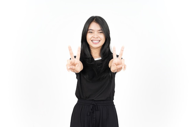 Showing Peace Sign Of Beautiful Asian Woman Isolated On White Background