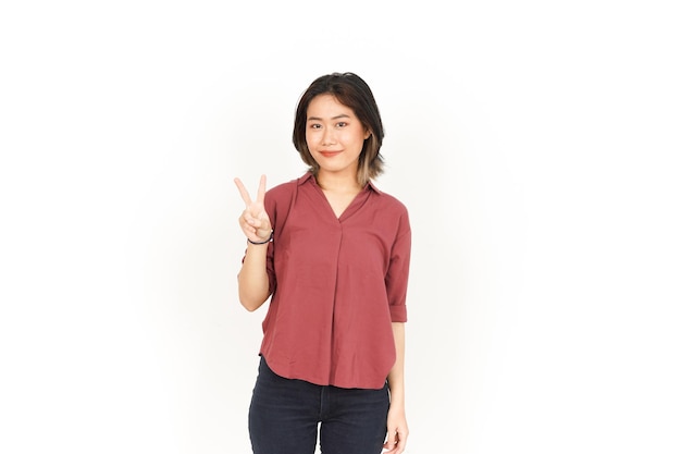 Showing Peace Sign Of Beautiful Asian Woman Isolated On White Background