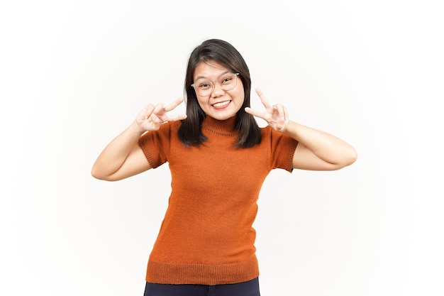 Showing Peace Sign Of Beautiful Asian Woman Isolated On White Background