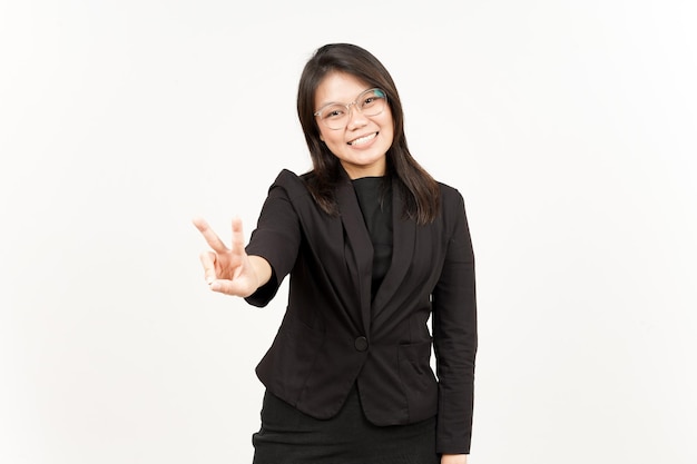 Showing Peace Sign Of Beautiful Asian Woman Wearing Black Blazer Isolated On White Background