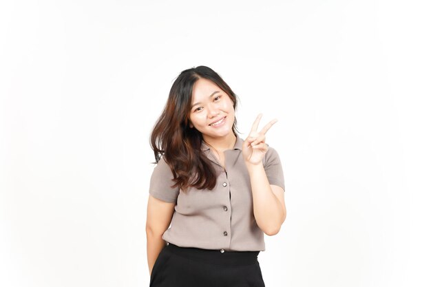 Showing Peace Sign and Smiling Of Beautiful Asian Woman Isolated On White Background