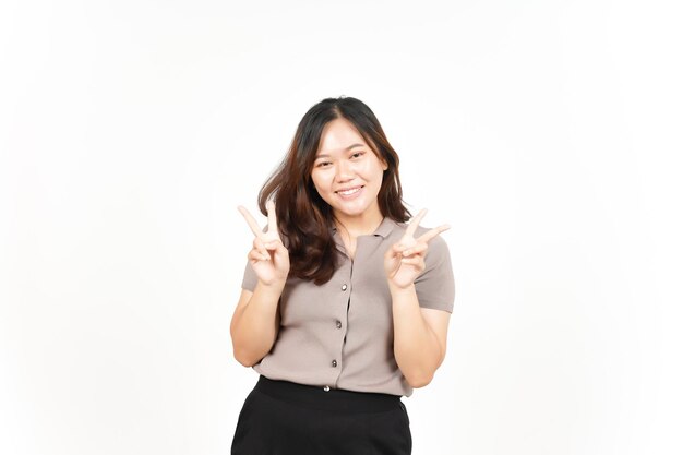 Showing Peace Sign and Smiling Of Beautiful Asian Woman Isolated On White Background