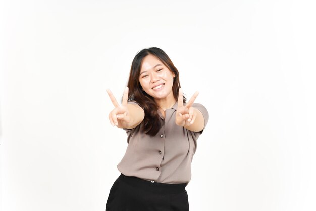 Showing Peace Sign and Smiling Of Beautiful Asian Woman Isolated On White Background