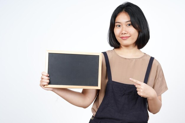 Showing Presenting and holding Blank Blackboard of Beautiful Asian Woman Isolated On White