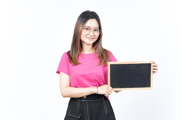 Showing Presenting and holding Blank Blackboard Of Beautiful Asian Woman Isolated On White