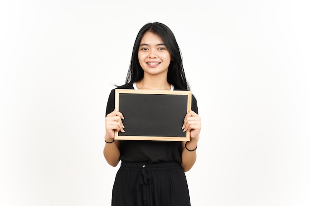 Showing Presenting and holding Blank Blackboard Of Beautiful Asian Woman Isolated On White