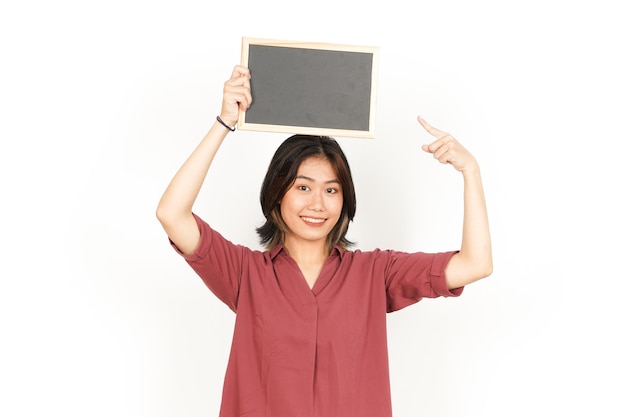 Showing Presenting and holding Blank Blackboard Of Beautiful Asian Woman Isolated On White