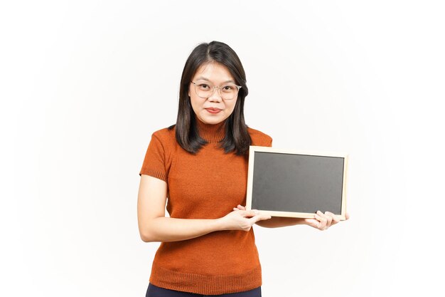 Showing Presenting and holding Blank Blackboard Of Beautiful Asian Woman Isolated On White