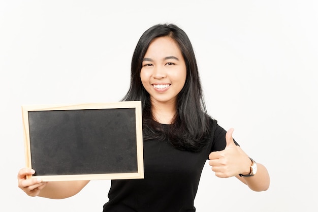 Showing Presenting and holding Blank Blackboard of Beautiful Asian Woman Isolated On White