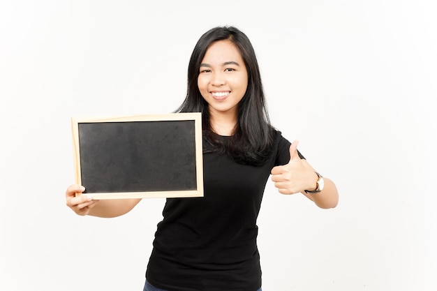 Showing Presenting and holding Blank Blackboard of Beautiful Asian Woman Isolated On White