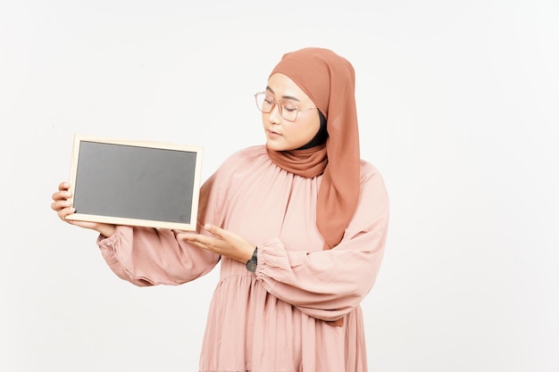 Showing Presenting and holding Blank Blackboard of Beautiful Asian Woman Wearing Hijab