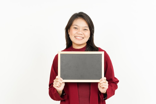 Showing, Presenting and holding Blank Blackboard Of Beautiful Asian Woman Wearing Red Shirt