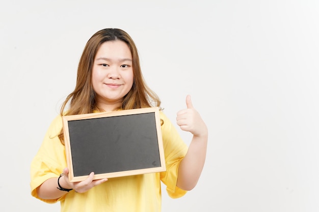 Showing Presenting and holding Blank Blackboard of Beautiful Asian Woman wearing yellow TShirt