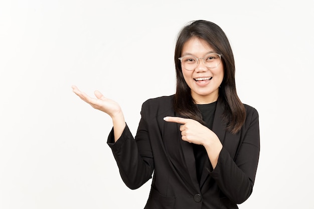 Showing and Presenting Product on Open Palm Of Beautiful Asian Woman Wearing Black Blazer