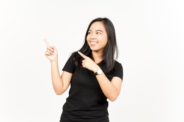 Showing Product and Pointing Side of Beautiful Asian Woman Isolated On White Background