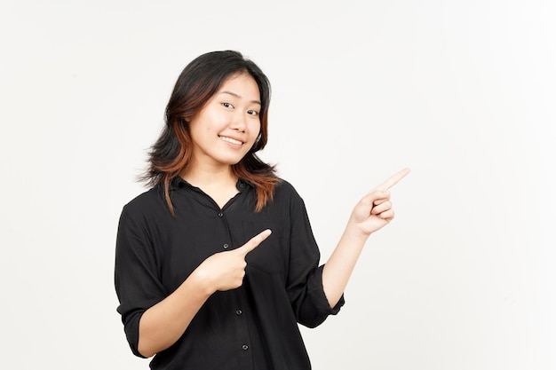 Showing Product and Pointing Side of Beautiful Asian Woman Isolated On White Background