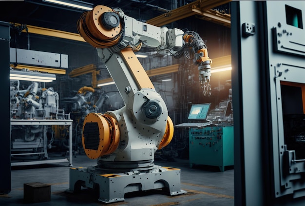 Showing a robot arm at action in a factory