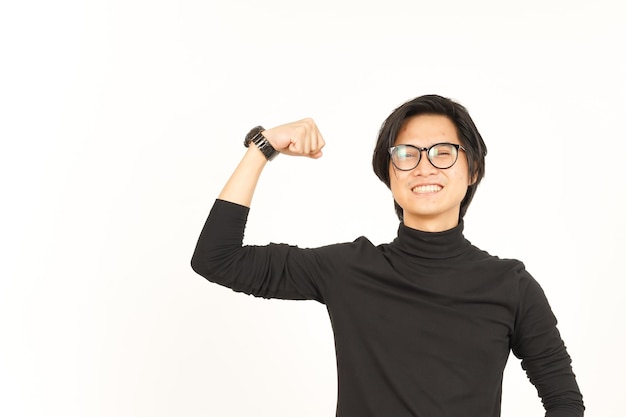 Showing strength arm Of Handsome Asian Man Isolated On White Background